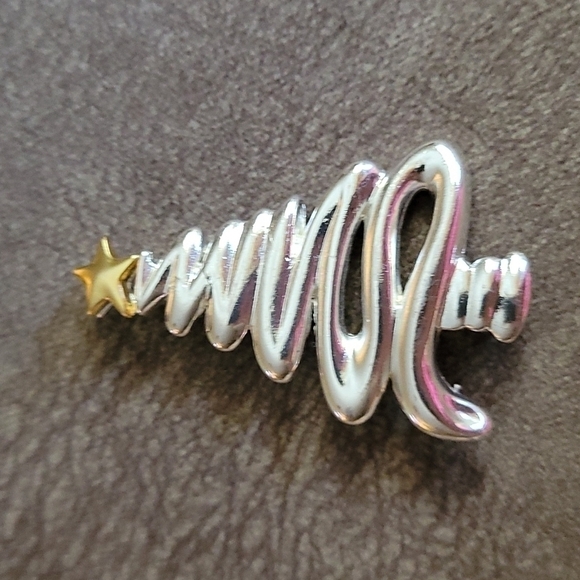 VTG Silvertone Swirled Christmas Tree Star Holiday Brooch Pin - Picture 3 of 5